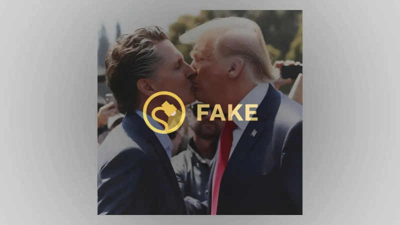 Esta não é uma foto real de Trump beijando Gavin Newsom