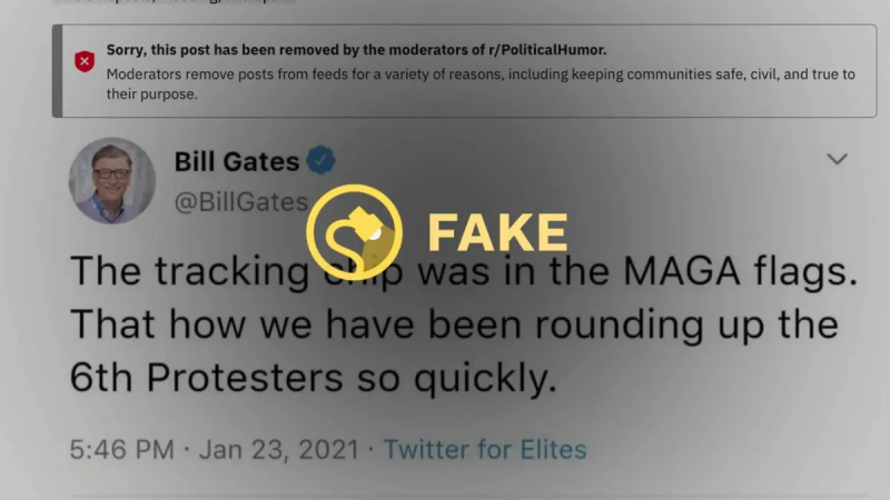क्या बिल गेट्स ने 6 जनवरी के दंगाइयों का पता लगाने के लिए एमएजीए झंडों में 'ट्रैकिंग चिप्स' लगाने के बारे में ट्वीट किया था?