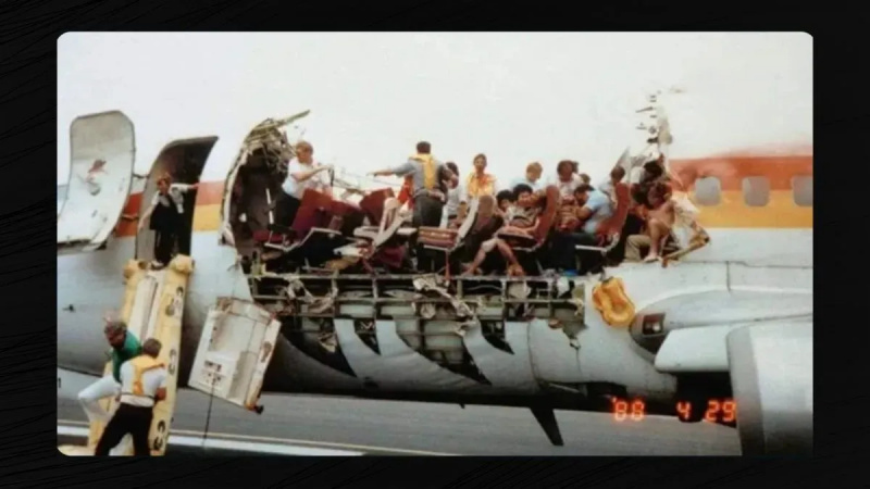 Ja, dette billede viser en jet, der landede sikkert, efter at taget blev revet af midt på flyvningen