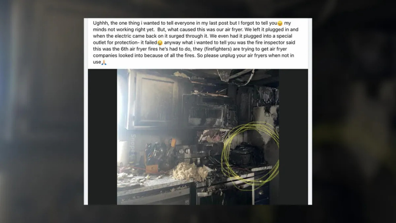 Uma oscilação de energia em uma fritadeira de ar conectada causou um incêndio, conforme afirmado no post viral do Facebook?