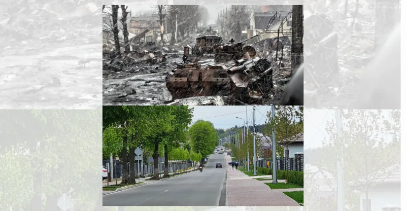 Er disse før-og-efter-billeder af samme sted i Bucha, Ukraine?
