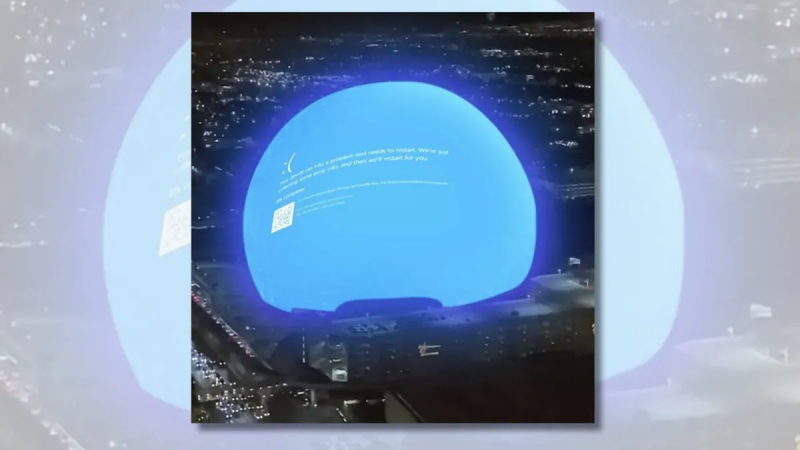 Ist das ein echtes Bild der Las Vegas Sphere, auf dem eine Windows-Fehlermeldung angezeigt wird?