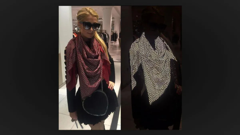 क्या पेरिस हिल्टन ने 'एंटी-पपराज़ी' स्कार्फ पहना था जो फ्लैश फोटोग्राफी को अस्पष्ट करता है?