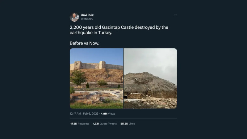 Die türkische Burg Gaziantep wurde durch das Erdbeben Anfang 2023 teilweise zerstört