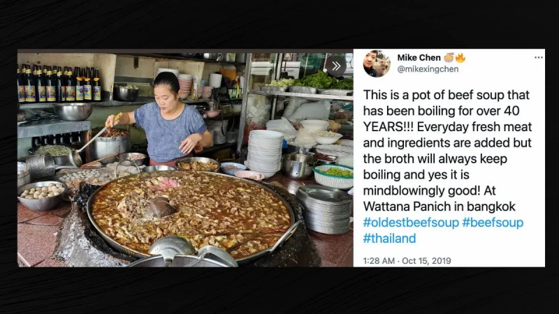 En Bangkok-restaurant har tilberedt oksekødssuppe kontinuerligt i 45 år?