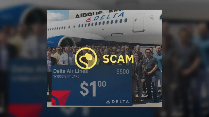 Prevare Delta Air Lines obljubljajo 'darilno kartico v vrednosti 500 $ za 1 $' in '100 $ nagrade