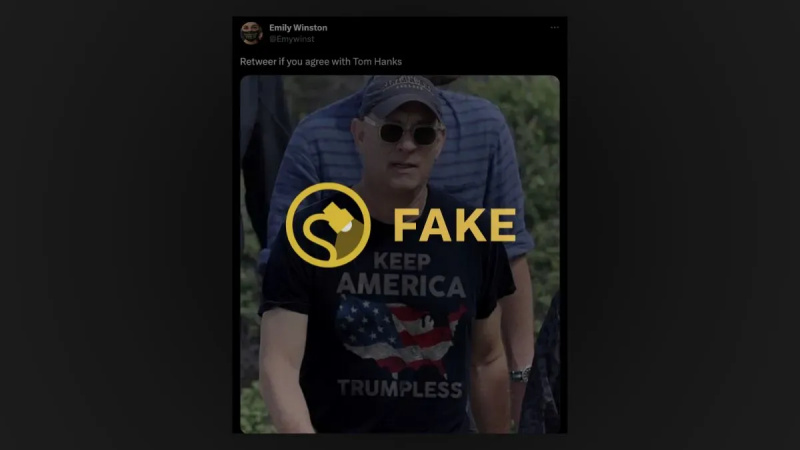 Ez egy hamis kép Tom Hanksről egy „Keep America Trumpless” pólóban